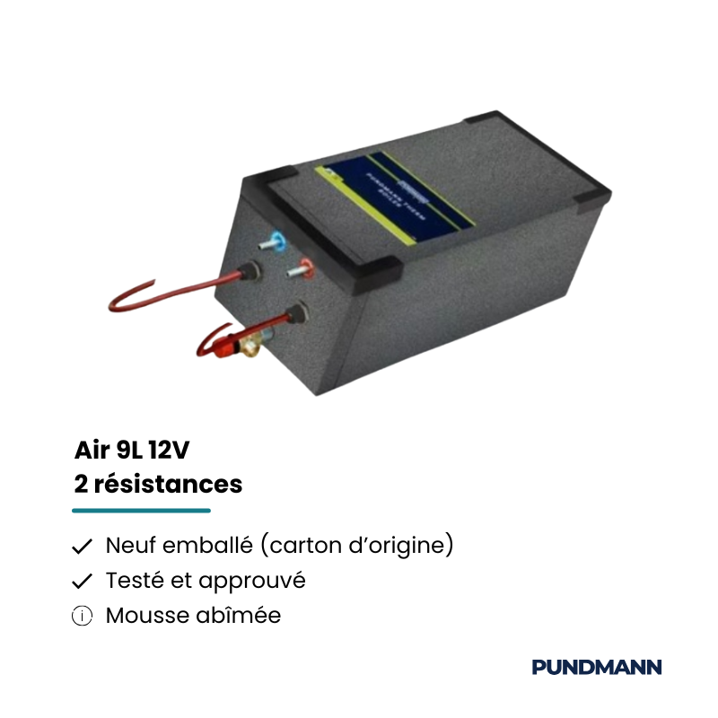 Chauffe-eau Pundmann 9L 12V reconditionné – Double résistance – Ancien modèle polystyrène gris